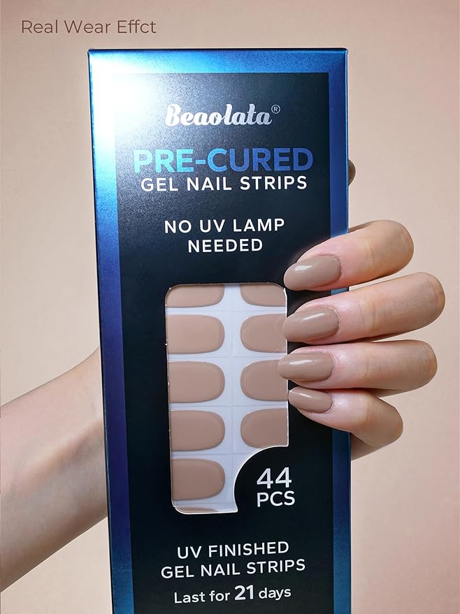 Pre Cured Gel Nail Strips - 44PCS Salon Quality Gel Nail Stickers - Long Lasting Polish Wraps for Women no UV Light Needed Easy Apply& Remove (Minimal Nude)