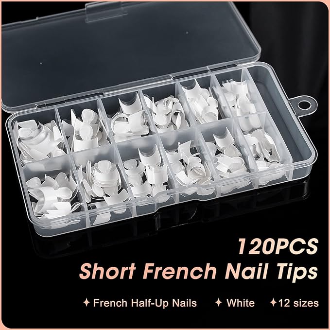 Ranrose French Nail Tips 120PCS Short Square Half Cover Nail Tips Press On Nails 12 Sizes French Fake Nails Acrylic White Nails with Box