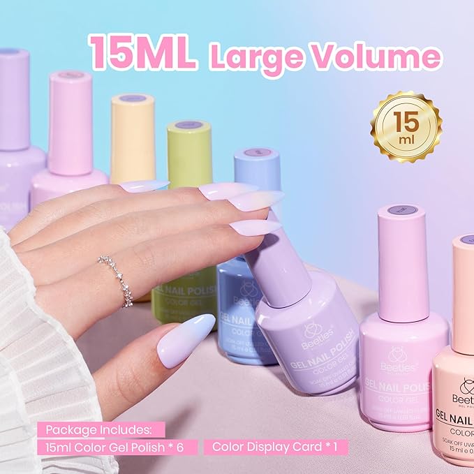 beetles Pastel Gel Polish Set - Spring Macaron Collection, 6 Colors 15ML Pastel Colors Easter Gel Polish with Color Swatch, Soak Off UV LED Spring Nail Art Kit for Women