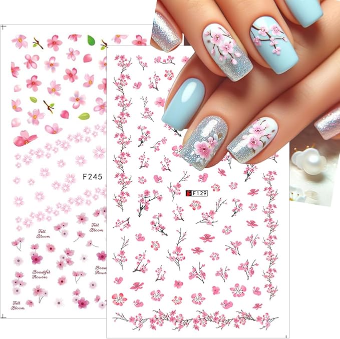 8Pcs Cherry Blossoms Nail Stickers 3D Self Adhesive Pink Flower Nail Art Stickers Spring Summer Peach Blossom Petals Leaves Nail Art Design Nail Decals Floral Nail Supplies for Acrylic Nail Decoration