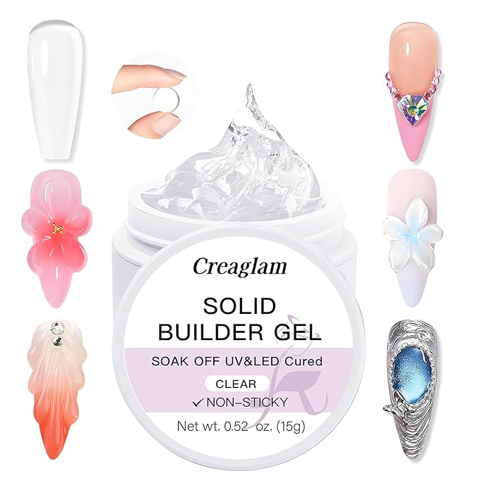 Solid Builder Nail Gel for 3D Sculpting, Nail Extension & Art, Perfect for Chrome Powder, Glitter and Rhinestones - 15g Jar for DIY Home Salon Use