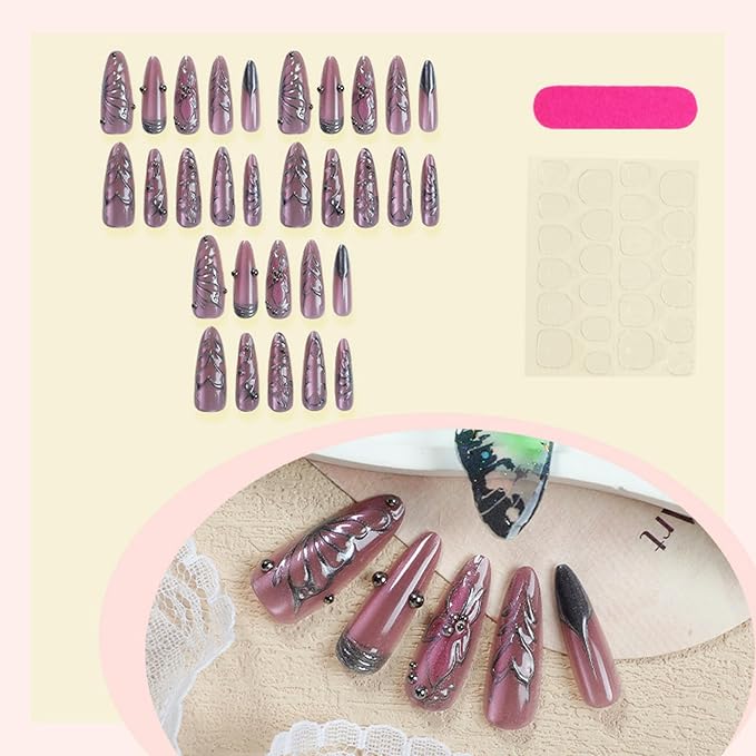 Long Almond Nude Press on Nails with Silver Charm Stick on Nail 24pcs