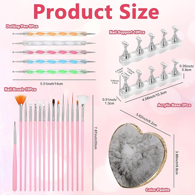 Nail Art Tools Set 15Pcs Nail Art Brushes Pink Gel Brush Gray Color Palette Polish Mixing Plate Acrylic Stands for Painting 5Pcs Double-Ended Dotting Pen Design Tools Kit for DIY Manicure