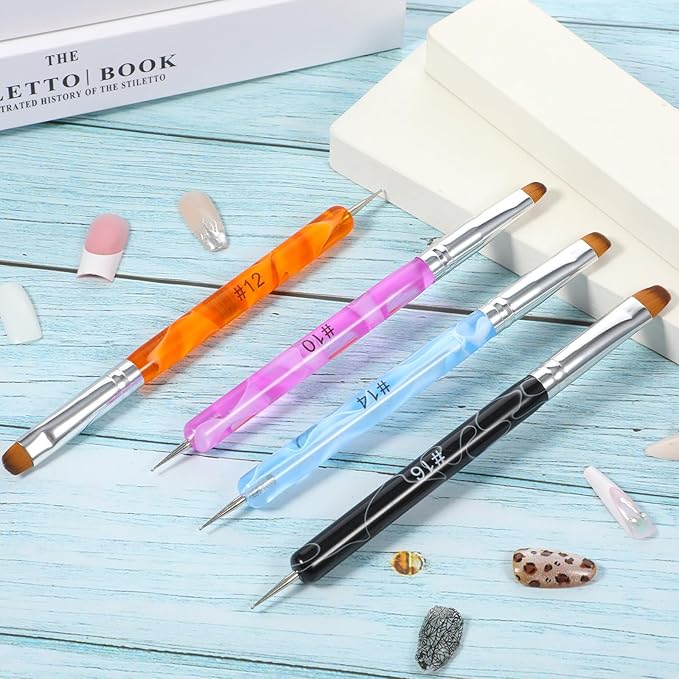 4 Pcs Gel Nail Brush French Gel Acrylic Nail Art Brush with Dotting Tool Extension Gel Brush Professional Manicure Tool for Nail Detailed Designs DIY Nail Salon (10# 12# 14# 16#)