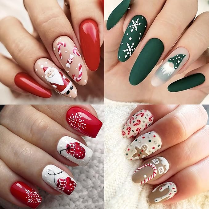 Christmas Nail Art Stickers, Self-Adhesive Green Santa Hat Snowflake Elk Xmas Tree Design for Holiday Nail Decals, Pegatinas Uñas Navidad DIY Decorations (6 Sheets)