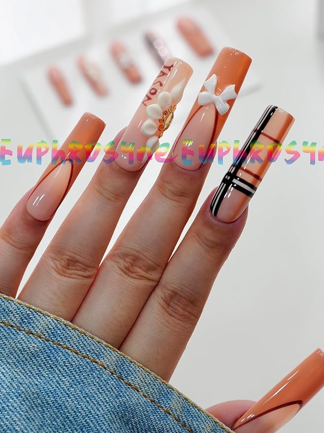 10PCS Orange Pink Press On Nails – Long Coffin Fake Nails with 3D Bows, Pearl Flowers & Geometric Line Art Design, Glossy Reusable Nails for Women and Girls – Euphrosyne