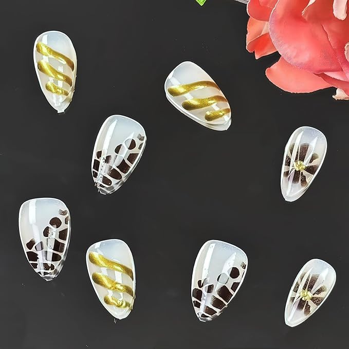 24Pcs Brown Flower Press on Nails Leopard Fake Nails Medium Almond False Nails with Gold Design Brown Flower Acrylic Nails Irregular Stick on Nail Artificial Full Cover False Nail for Women
