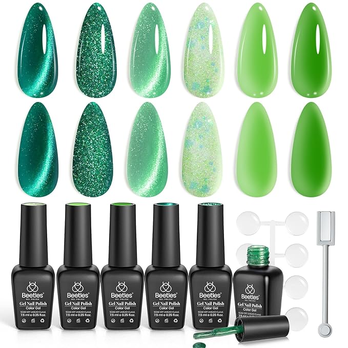 beetles Gel Polish Green Gel Nail Polish Set, St Patrick Day 6 Colors Cat Eye Jelly Glitter for Salon Manicure Nail Art DIY at Home UV LED Needed Gifts for Women Girls Enchanted Forest