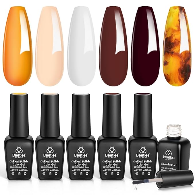 beetles Gel Polish Kit with Blooming Gel, 5 Colors Amber Attraction Tortoise Brown Yellow Nude White Gel Nail Polish Set Clear Blooming Polish Soak Off UV DIY at Home Salon Nail Art Gifts for Women