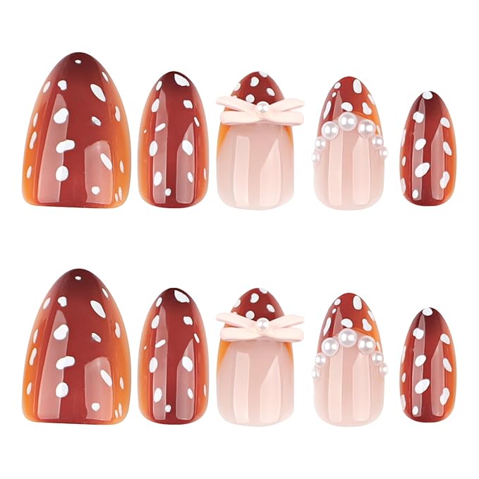 Brown Press on Nails Short Almond Fake Nails with White Spots Design - Fall False Nails French Tip Full Cover Stick on Press ons - for Women 24 Pcs