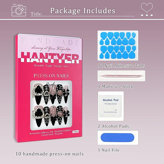 Y2K Kawaii Goth Press on Nails with Tools Kit, Long Stiletto Glossy Black Nails, Pink Cat Eye with Black Heart Rhinestones & Bows, Edgy Cute Style for Concerts & Nightlife (Size L)