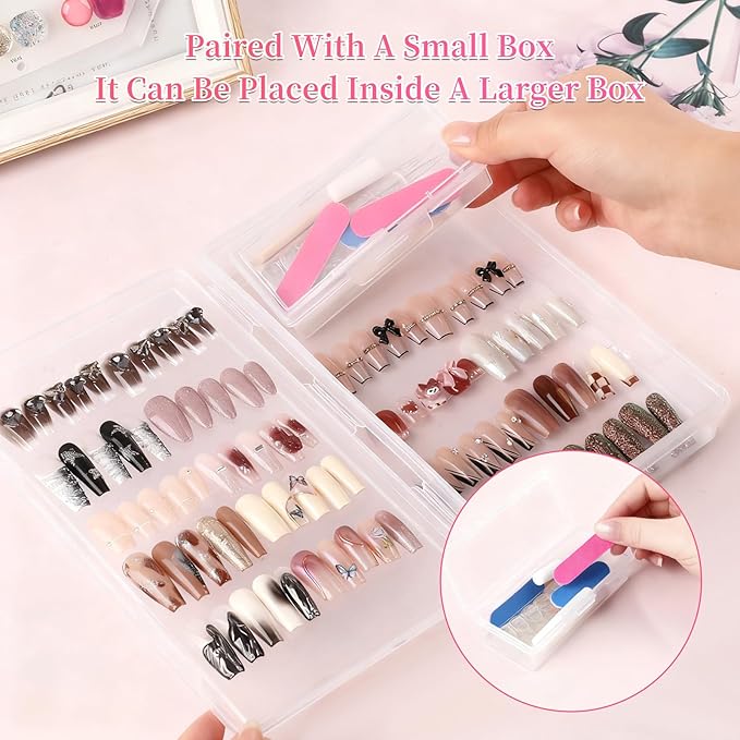 BQAN Press on Nails Storage Box，Clear Press on Nails Packaging Set with 2pcs Double-sided Adhesive Tape and Small Nail Tool Container, Nail Organizer & Display Storage Box