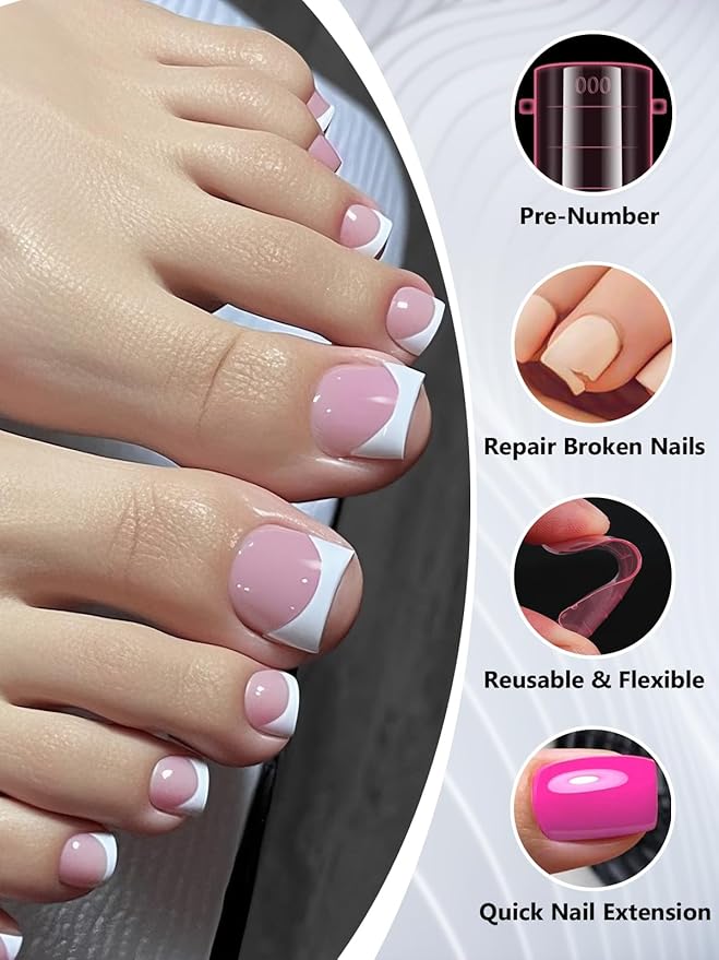 EBANKU Poly Gel Nail Forms for Toes, Pink Long Square Dual Forms for Pedi Nail Extension Poly Gel Toenails Reusable Toe Nail Tips Mold, 150 Pieces, 15 Sizes