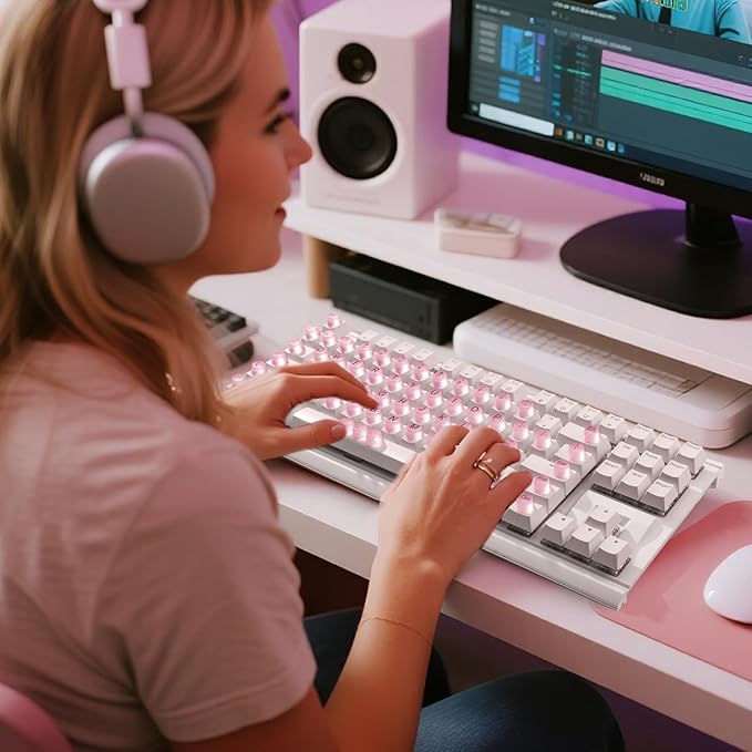 Raised Keyboard Stickers for Long Nails, Bling Keyboard Bubbles for Women with Letters, Soft Silicone Nail Art Typing Keycaps for Desktops (Pink, 64 Pcs)