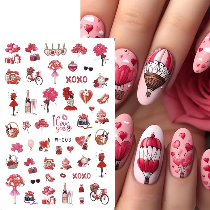 6 Sheets Valentines Day Nail Art Sticker 3D Self-Adhesive Pink Heart Nail Stickers Angel Bear Couple Bow Rose Romantic Design Cute Love Nail Decals Nail Art Supplies for Acrylic Manicure Decorations