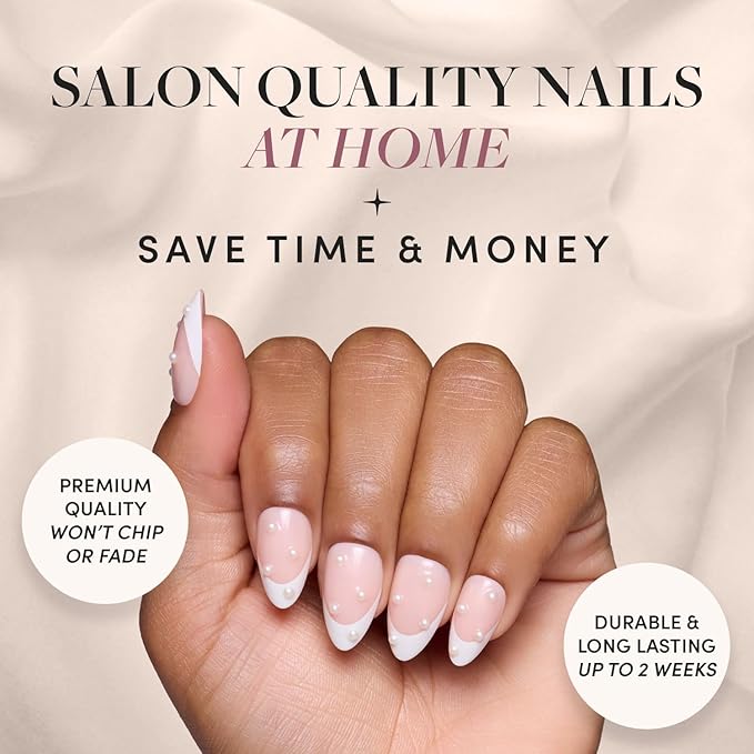 Glamnetic Press On Nails - French Pearl | Glossy, Short Almond French Tip Nails with 3D Accents, Salon Quality | 15 Sizes - 30 Nail Kit with Glue