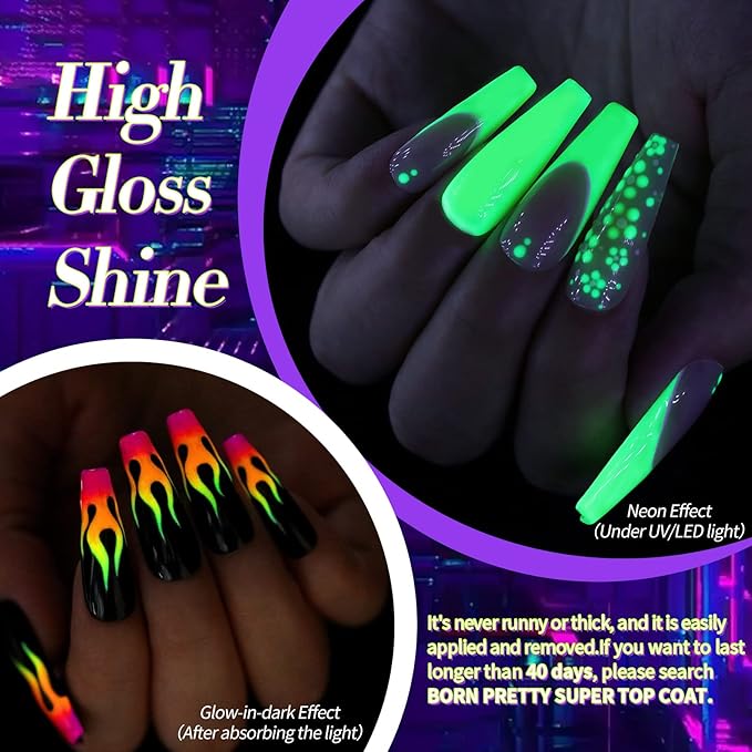 Born Pretty Neon Gel Nail Polish Set 6 Colors Spring Summer Luminous Glow in Dark Gel Polish Fluorescent Orange Hot Pink Blue Yellow Green Purple Gel Nail Polish Set 7ML