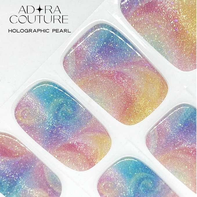 Semi Cured Gel Nail Strips with 20 Pieces - UV Gel Stickers, Manicure Kit, Easy Application Wraps Includes Prep Pads, Nail File, Wooden Stick - UV Light Required (Holographic Pearl)
