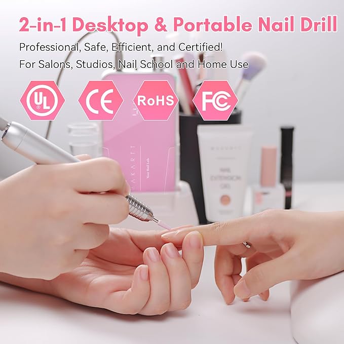 Makartt Nail Drill Professional, 35,000RPM Rechargeable Electric Nail File for Acrylic & Gel Removal, 60W Brushless Motor, 2-in-1 Desktop & Portable, LCD Display, for Home & Salon Use, Nouvella Pink