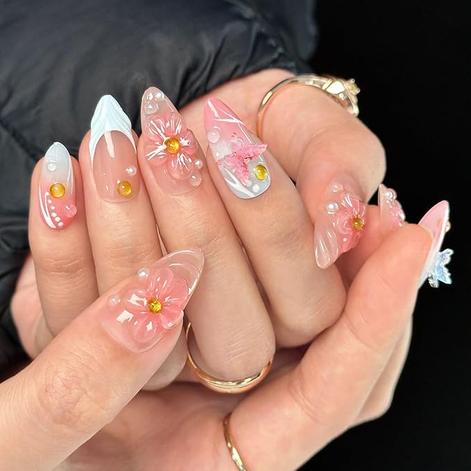 Blue French Press on Nails Handmade Medium Almond Nails with Glue,Nude Fake Nails with 5D Flower Art ＆ Butterfly Charm Design Muti-Layer Gel Handmade Nail Nature False Nails for Wome (Size M)