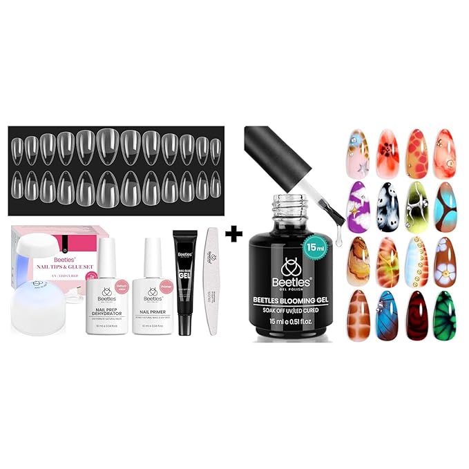 Beetles Gel Nail Kit Short Almond with Nail Dehydrator and Primer, 576Pcs Half Matte Etch-X Nail Tips Solid Nail Glue Mini Nail Lamp Nail Extension Set Gift, with Blooming Gel 15ml for Spreading Effec
