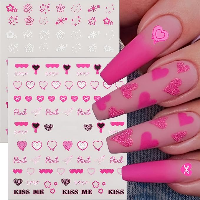 winthrop 8 Sheets Valentine's Day Nail Art Stickers, Charming Heart Lips High Heels 3D Trendy Design Self-Adhesive Pink Nail Art Decals, DIY Manicure Decoration Supplies Accessories for Women Girls