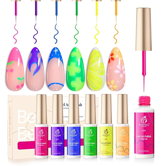 Beetles Summer Gel Liner Nail Polish Set - 6 Neon Gel Nail Polish Colors Hot Pink Orange Blue Yellow Paint for Nails Built Thin Brush in Bottle Soak off Uv LED Lamp Nails Art