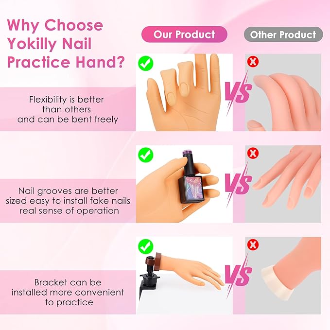 Yokilly Practice Hand for Acrylic Nails, Bendable Soft Nail Practice Hand, Flexible Plastic Nail Hand Practice, Fake Mannequin Training Hand for Nails Practice (with Clamp Holder) / Black