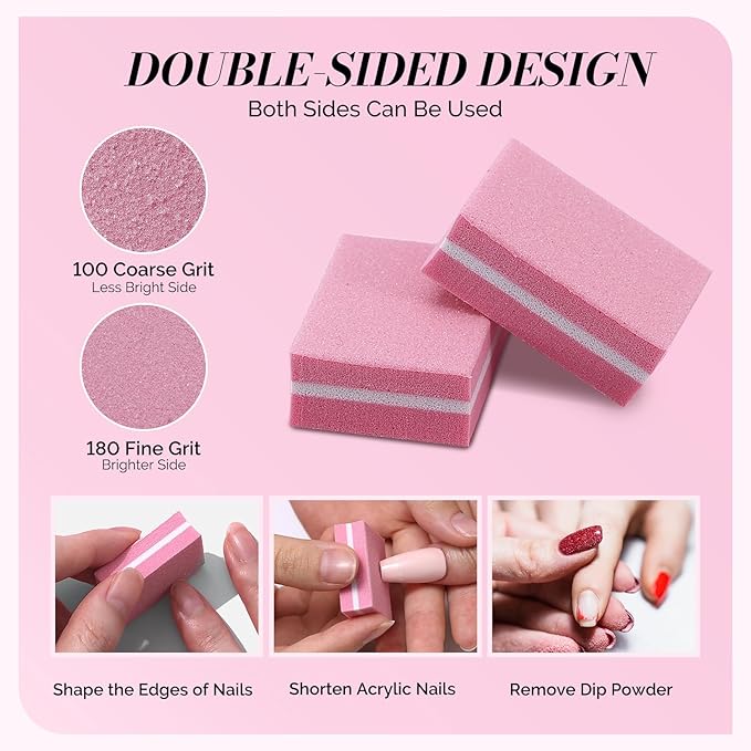 MelodySusie Mini Nail Buffer Block,100/180 Grit Double-Sided Sponge Nail File,Professional Nail Polishing Tools for Acrylic Nails and Natural Nails,50 Pieces（Pink）
