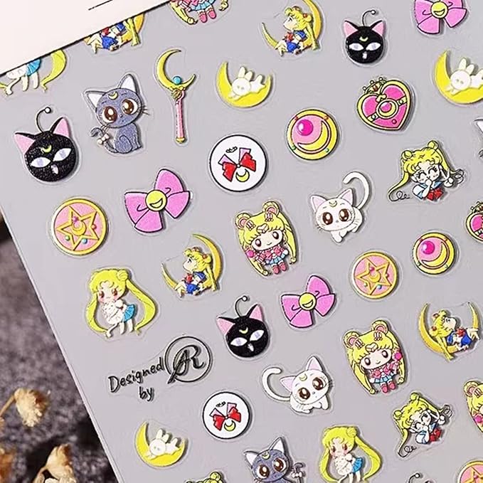 New Cartoon Anime Princess Moon Hare Nail Sticker Decals 5D Embossed(2 Sheets) + 3D Diamond Nail Art Accessories(4 Pcs)