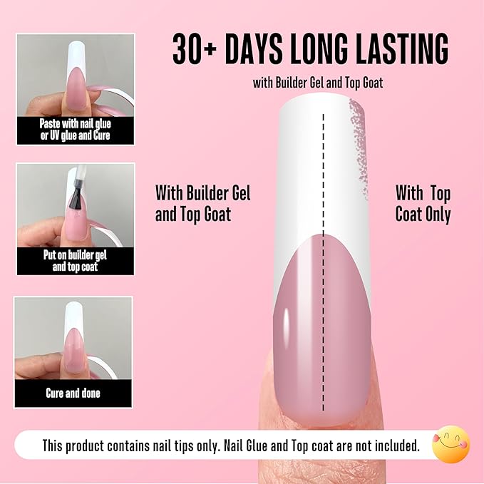 NOVO OVO XXL Curved Square White French Tip False Nail Tips Press on, BERRY PINK Full Cover Extra Thick Long XL Acrylic Hawk Curve Fake Extension Kit, Need Top Coat for Salon DIY 12 Sizes 144 pcs