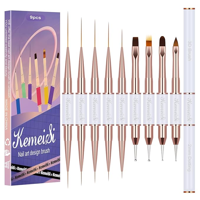 Nail Art Brush Set, 9PCS Double-Ended Acrylic Liner Brush Dotting Pen for Gel Polish, Nail Design Tools for Professional Manicure DIY Home Salon