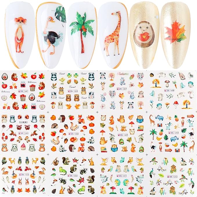 24 Sheets Fall Nail Art Decals, Holographic Autumn Leaf Water Transfer Decal Design, Maple Leaf Little Animals Nail Art Sticker for Women Girls Manicure Charms Decorations, Thanksgiving Nail Sticker