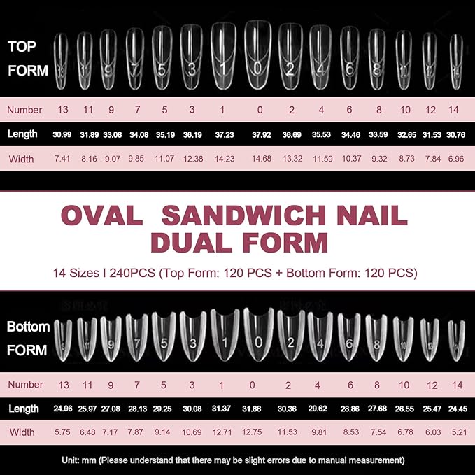 240 PCS Sandwich Nail Dual Forms, Nail Extension Kit for Beginner & Professional, 14 Sizes Dual Form for Polygel and Builder Gel, Salon and Home DIY Nail Art Tools (Oval)