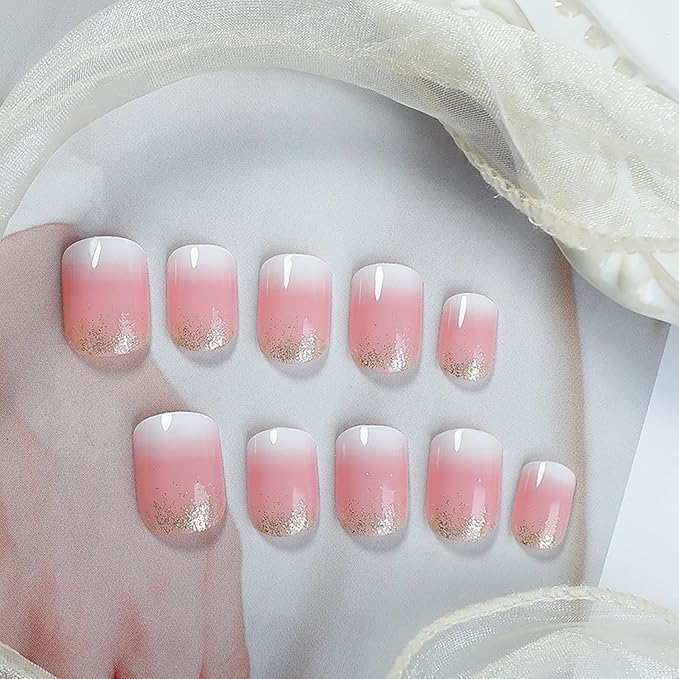 Ombre Press on Nails Short Square MABKJLF French Tip Fake Nails False Nails with Designs Gold Glitter White Pink Gradient Glossy Glue on Nails Acrylic Nails for Women Girls 24 Pcs