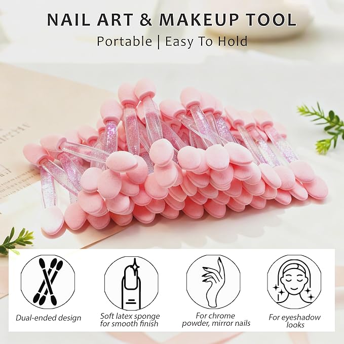 50PCS Chrome Nail Powder Applicator Set with Nail Dust Brush, Dual-Ended Eyeshadow Sponge Applicators for Chrome Powder, Metallic Mirror Effect, Nail Duster Brush for Manicure & Makeup