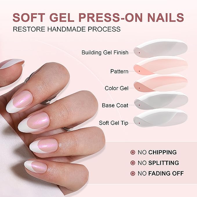 30 Pcs Short Almond Shaped Soft Gel Press on Nails Glossy Pink Fake Nails with Glitter Designs Salon Quality Thickened False Nails with Nail Glue Full Cover Acrylic Nails for Women Manicure