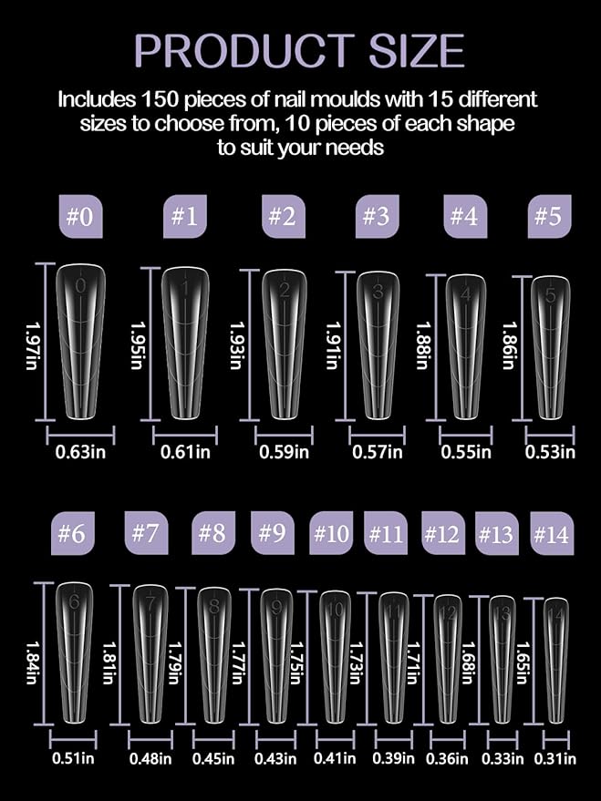 TOROKOM 150PCS Coffin & Stiletto Dual Forms for Poly Nail Gel, Clear Acrylic Nail Tips, Full Cover Reusable Nail Molds, 15 Sizes, Salon & DIY