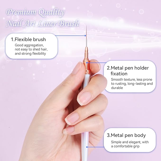5Pcs Nail Art Liner Brushes For UV Gel Polish, Metal Handle Thin Lines Fine Drawing Pen Painting Striping Detail Design Nails Brush Set Manicure DIY Tool, Sizes 7/9/12/15/20mm（Gradient powder）