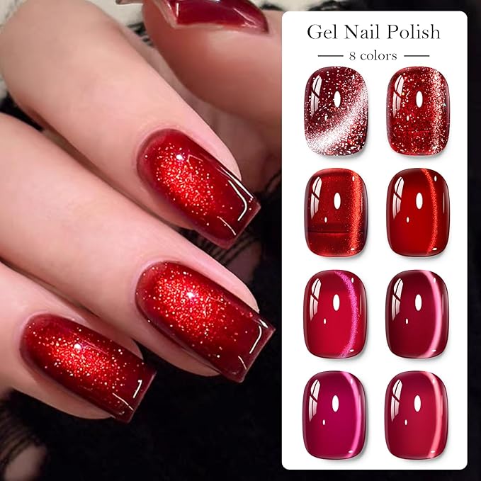 MEET ACROSS 9Pcs Glitter Red Cat Eye Gel Nail Polish Burgundy Red Cateye Gel Polish Magnetic Nail Polish with Magnet Bloody Mary Series Sparkle Red Manicure DIY Gifts 8 Colors