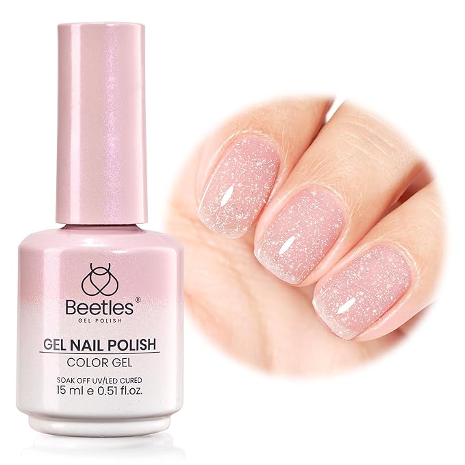 Beetles Glitter Pink Gel Nail Polish - 15ML Soft Glow Fragments Pink Nude Natural Glitter Gel Polish Soak Off UV French Nail Art Salon DIY Manicure Colorful Bottle Gift for Women