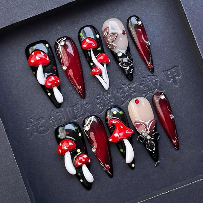 Thick Press on Nails Long Almond Handmade Nails Black Fake Nails with Glue,Cute 3D Mushroom and Flowers Art False Nails with Design Extra Long Halloween Nails Nature Stick on Nail for Wome (Size S)