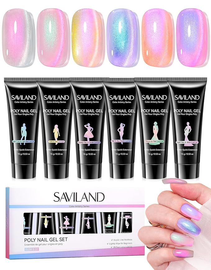 SAVILAND Hema-Free Poly Nail Gel Kit: 6 Aurora Colors Poly Extension Gel Nail Kit with Cat Eye Eeffect, 28-Day Lasting Hardness Poly Gel for Nourishing Nails Builder Enhancement Nail Art Home Salon