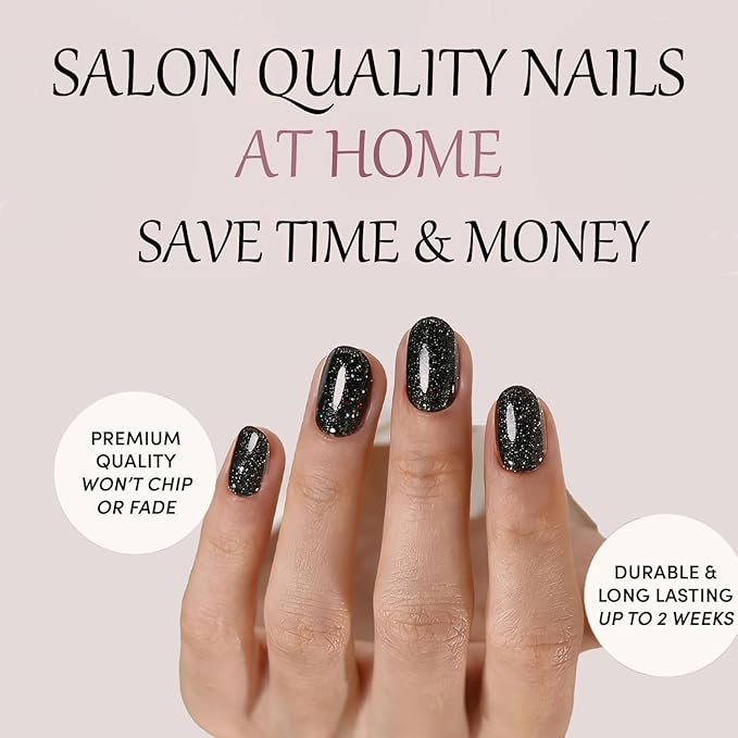 Black Press On Nails Oval Glitter -Short Press On Nails with Nail Glue, Fit Perfectly & Natural Reusable Stick On Nails in 12 Sizes - 24PCS Soft Gel Glue On Nails Kit