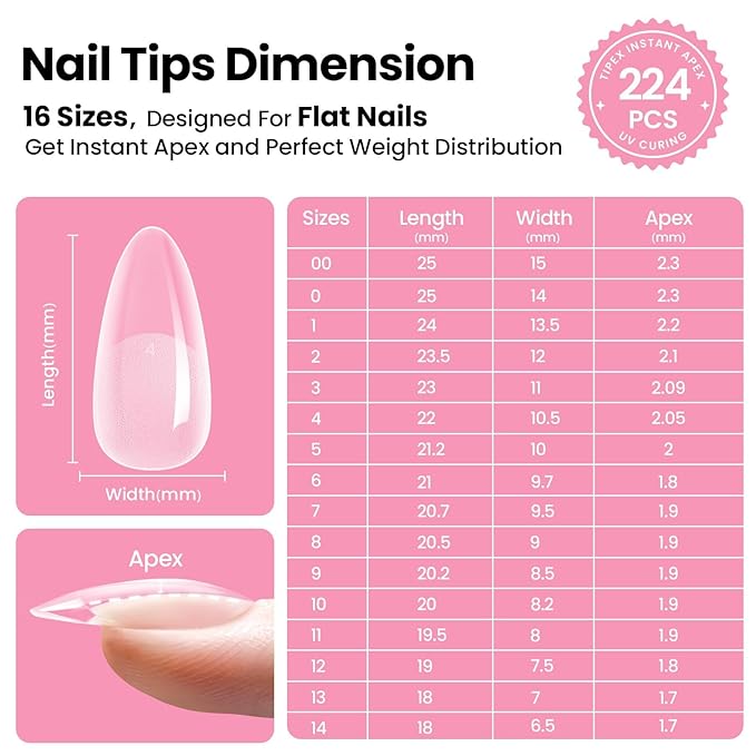 Beetles Tipex Instant Apex Nail Tips Kit – Almond Medium, 224PCS 16 Sizes | Pre-Etched, Thick Full Cover Acrylic Tips with Tipex Nail Glue, Dehydrator, Primer, Base & Top Coat, Mini UV Lamp