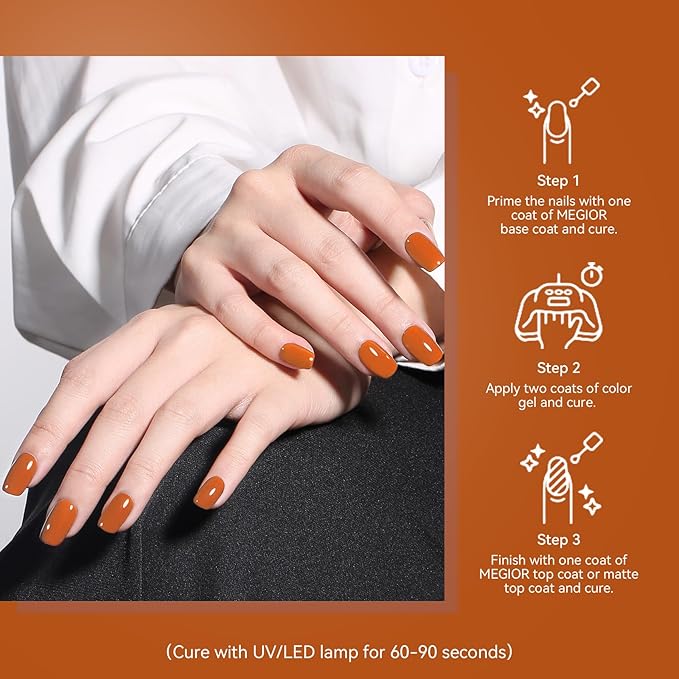 MEGIOR Fall Pumpkin Gel Nail Polish 0.5 Fl Oz Burnt Orange Soak Off UV LED Lamp Light Cure Gel Polish Kit for Salon and Nail Art Starter Manicure DIY at Home
