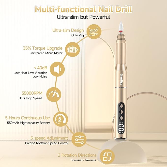 Cordless Electric Nail Drill 35000 RPM, Professional Nail File Kit with LCD Display, 12 Bits & 36 Sanding Bands, for Acrylic Gel Nails, Pet Claws, Salon & Home Use (Sand Dune)