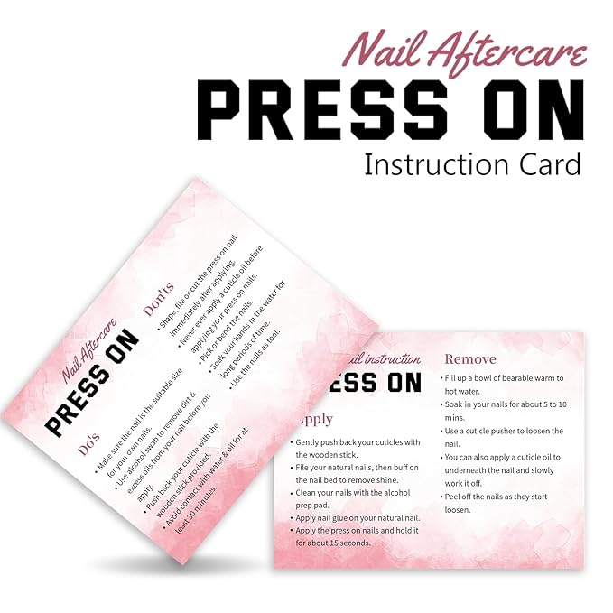 50 Pack Press on Nail Instructions Cards, Bebbtiy Press on Nail Application Guides Nail Aftercare Manicure Usage Business Supplies Card (White-1)