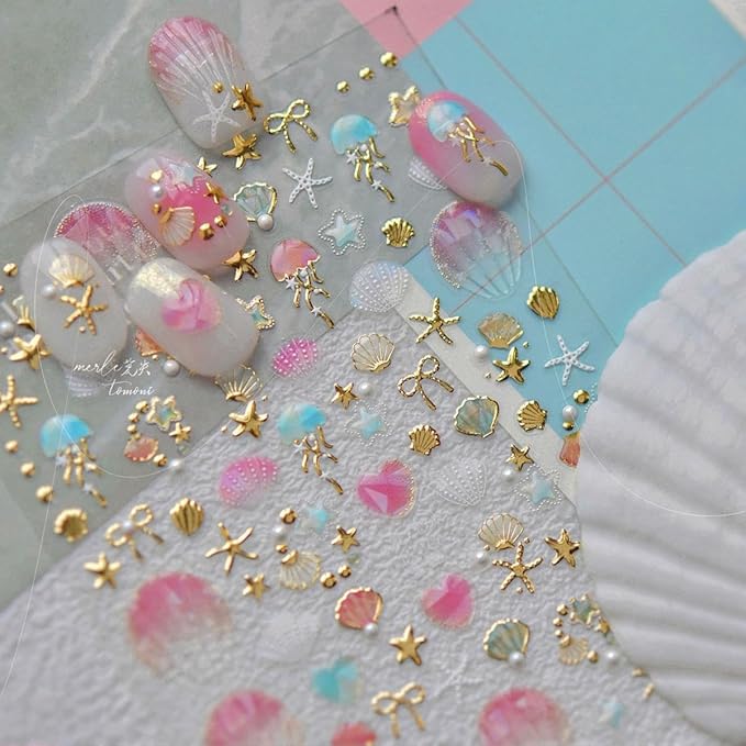 Gold Silver Nail Stickers Ocean Shell Nail Art Decals Star Nail Art Stickers Summer Beach 5D Embossed Self Adhesive Nails Supply for Women Girls Kid Manicure AIY Decoration 2Pcs