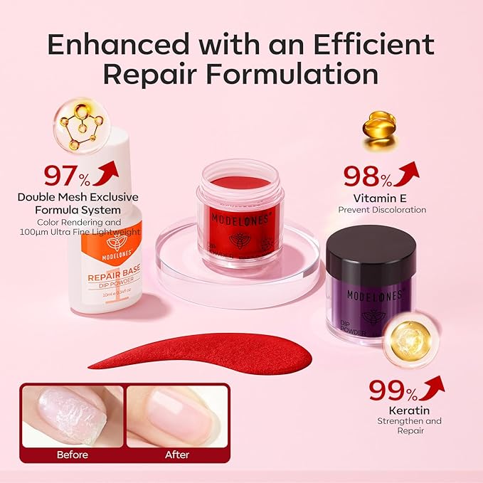 Modelones Dip Powder Nail Kit, 4 Colors Red Purple Glitter Dipping Starter Set with Liquid and Accessories for French Nails Art Salon DIY at Home Manicure